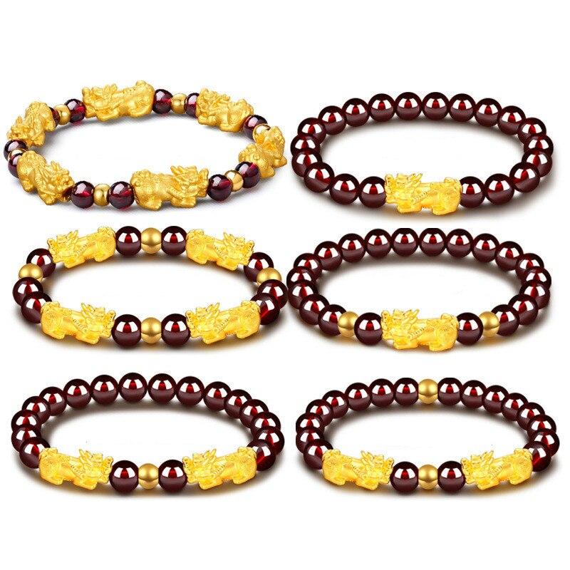 24K Gold Plated PIXIU /APPLE / FLOWER Accents & Genuine GARNETS Wealth / Peace Bracelet