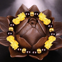 Thumbnail for 24K Gold Plated PIXIU /APPLE / FLOWER Accents & Genuine GARNETS Wealth / Peace Bracelet