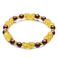 Thumbnail for 24K Gold Plated PIXIU /APPLE / FLOWER Accents & Genuine GARNETS Wealth / Peace Bracelet