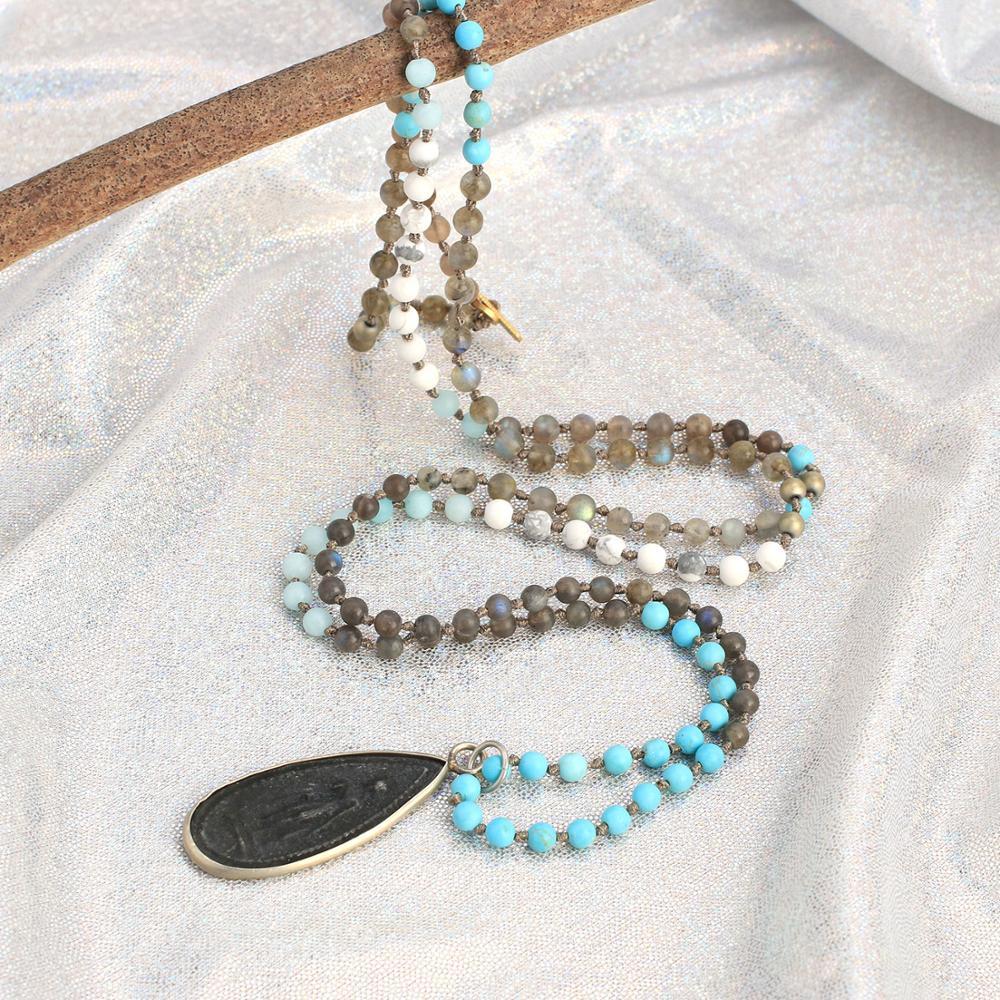 Ancient Style Thai BUDDHA AMULET & Labradorite/Turquoise Stone TRANSFORMATION Necklace