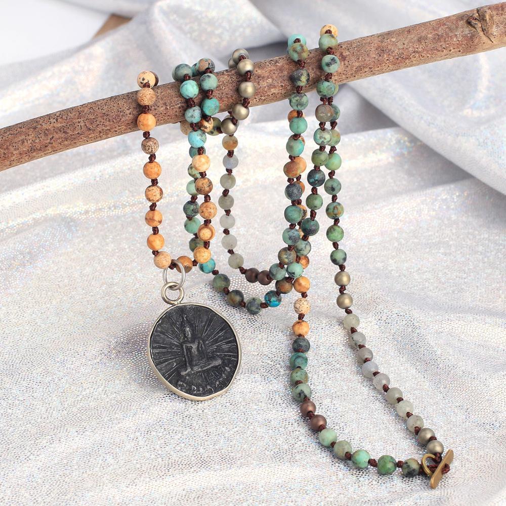 Ancient Style Thai BUDDHA AMULET & African Turquoise/ Picture Jasper Stone SERENITY Necklace