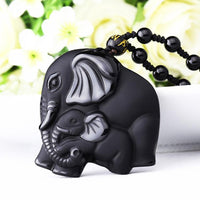 Thumbnail for Handcarved Obsidian Mother Baby Elephant  Pendant Necklace