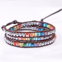 Thumbnail for Handmade 7 Chakra Crystal & Hematite Leather Wrap Bracelet