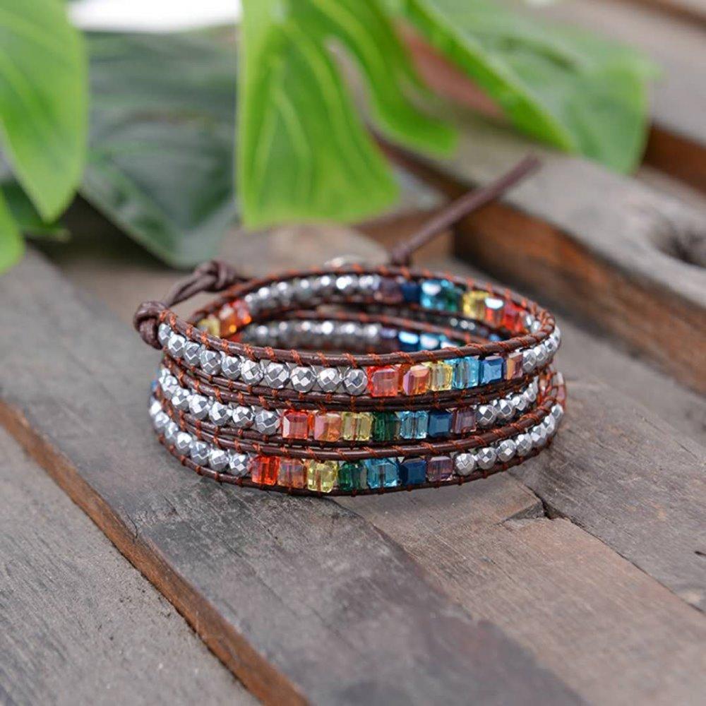 Handmade 7 Chakra Crystal & Hematite Leather Wrap Bracelet