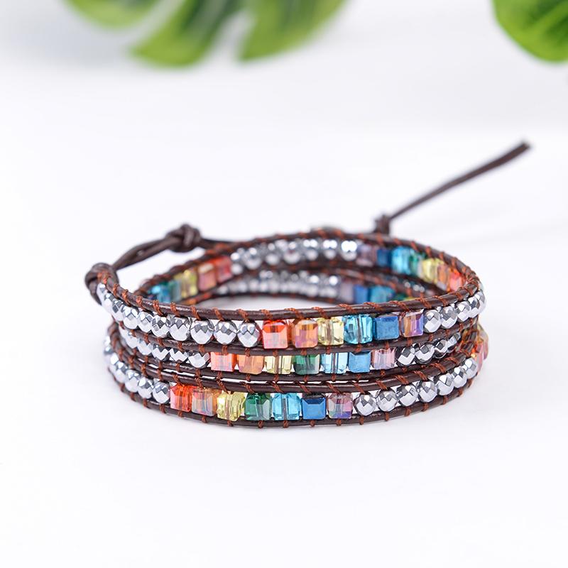 Handmade 7 Chakra Crystal & Hematite Leather Wrap Bracelet