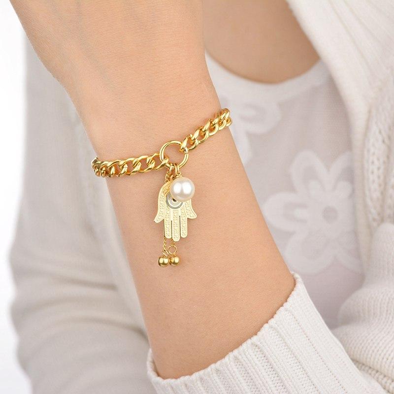 Hamsa Hand  & Pearl Stainless Steel EVIL EYE Bracelet