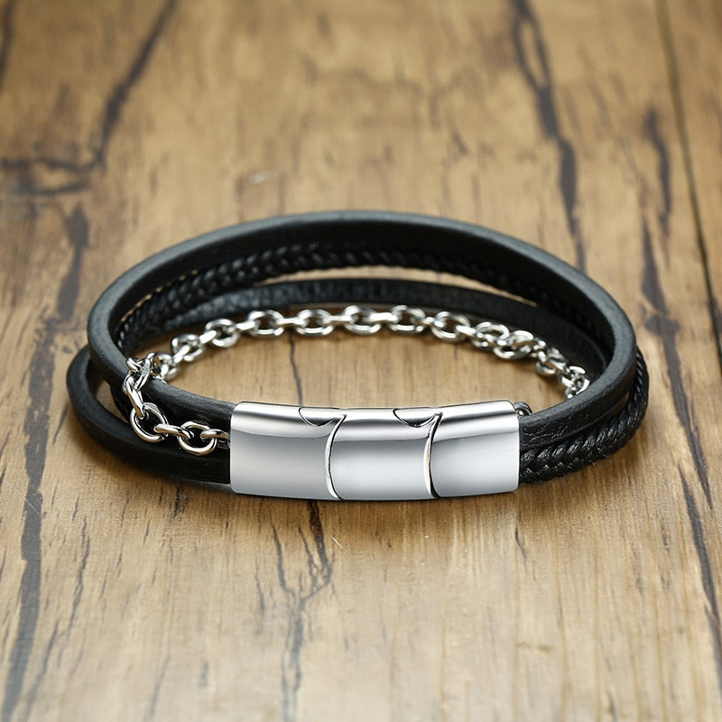 Classic & Timeless- Minimalist Titanium Steel & Genuine Leather 4 Layer Wrap Bracelet-