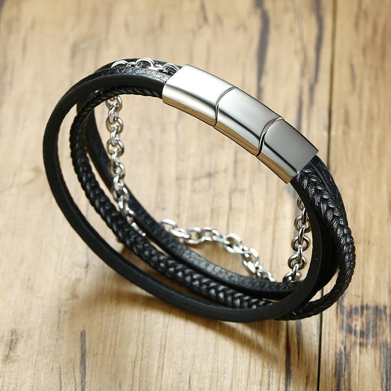 Classic & Timeless- Minimalist Titanium Steel & Genuine Leather 4 Layer Wrap Bracelet-