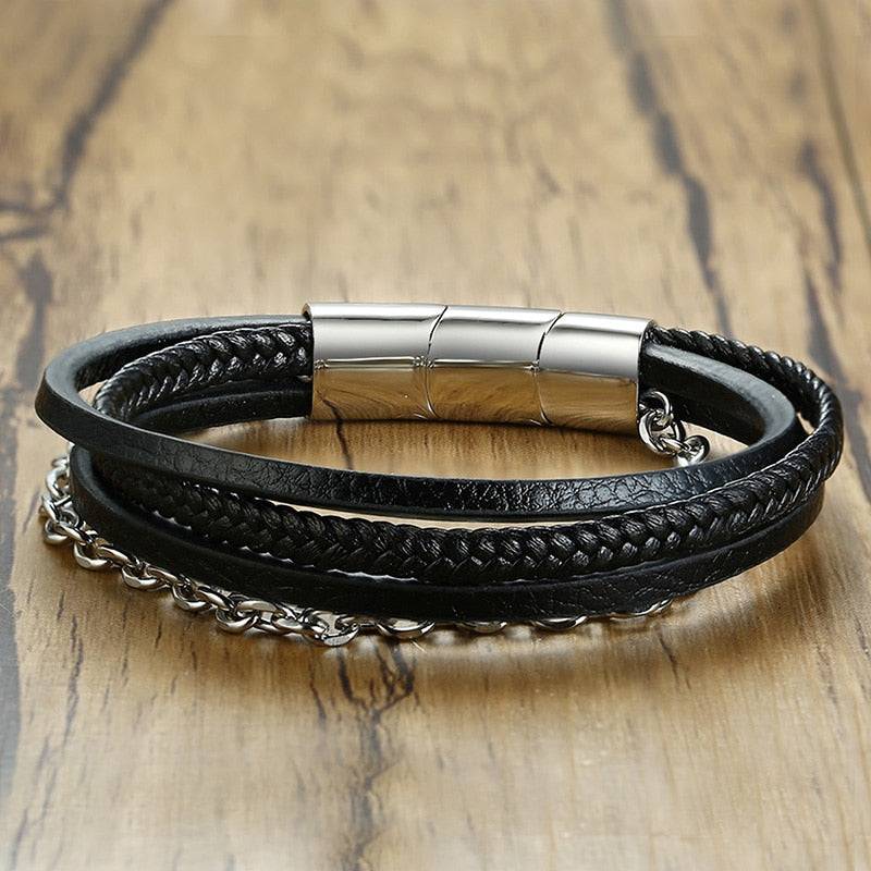 Classic & Timeless- Minimalist Titanium Steel & Genuine Leather 4 Layer Wrap Bracelet-