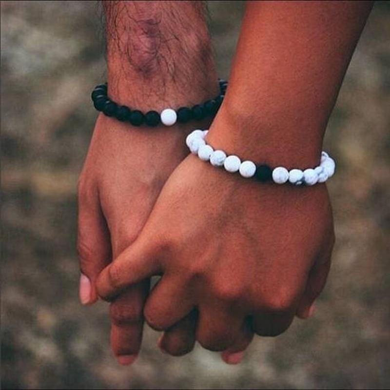 Natural Lava, Onyx & Howlite Stone 2 pc Couples DISTANCE BRACELETS Set