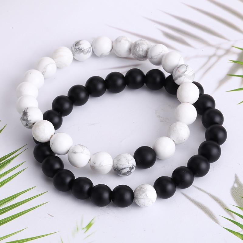 Natural Lava, Onyx & Howlite Stone 2 pc Couples DISTANCE BRACELETS Set