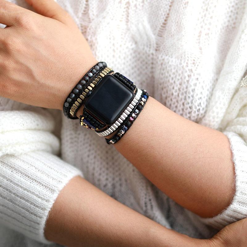 Natural Lapis Lazuli, Lava Stone & Labradorite 5 Layer Apple Watch Band