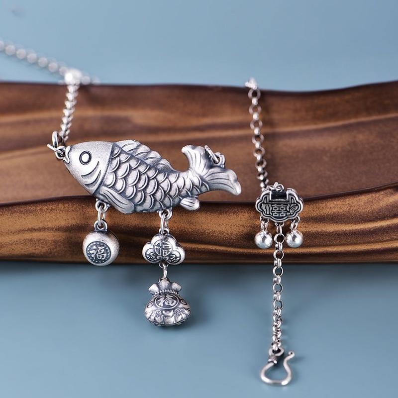 THAI SILVER Koi & Auspicious Symbols Necklace