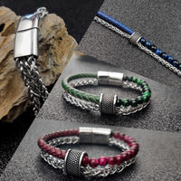 Thumbnail for 3 n' 1 Men's Leather , Steel Wheat Chain & Green/Blue/Red Tiger Eye Stone Luxury Bracelet