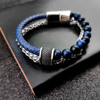 Thumbnail for 3 n' 1 Men's Leather , Steel Wheat Chain & Green/Blue/Red Tiger Eye Stone Luxury Bracelet