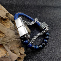 Thumbnail for 3 n' 1 Men's Leather , Steel Wheat Chain & Green/Blue/Red Tiger Eye Stone Luxury Bracelet