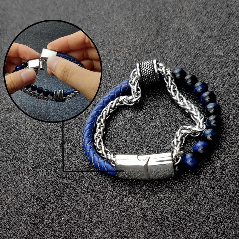 3 n' 1 Men's Leather , Steel Wheat Chain & Green/Blue/Red Tiger Eye Stone Luxury Bracelet