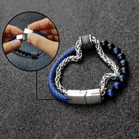 Thumbnail for 3 n' 1 Men's Leather , Steel Wheat Chain & Green/Blue/Red Tiger Eye Stone Luxury Bracelet