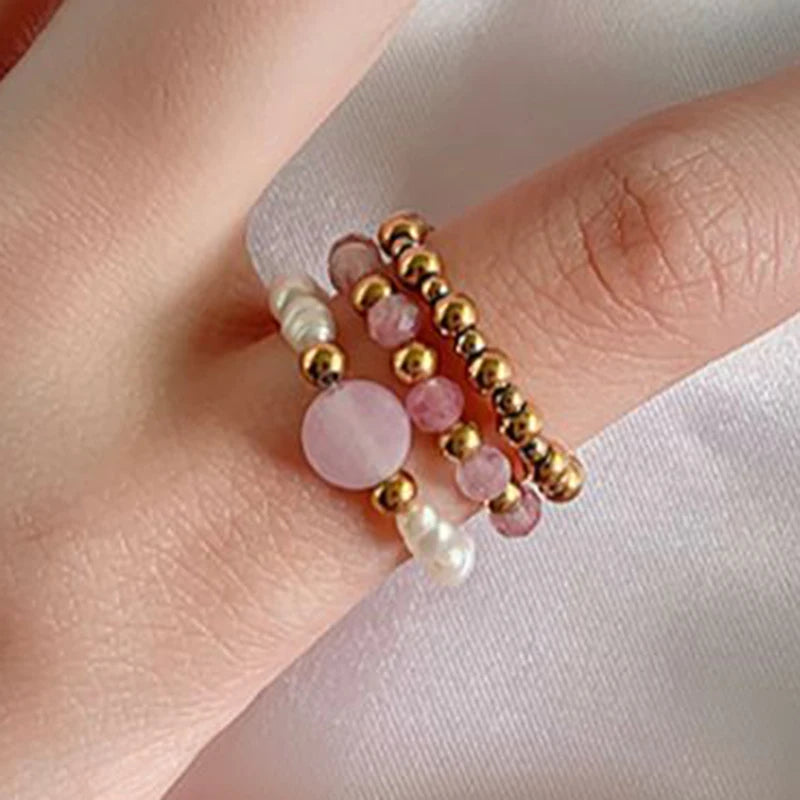 African Turquoise & Rhodonite with Freshwater Pearls 'BALANCE' Ring Set