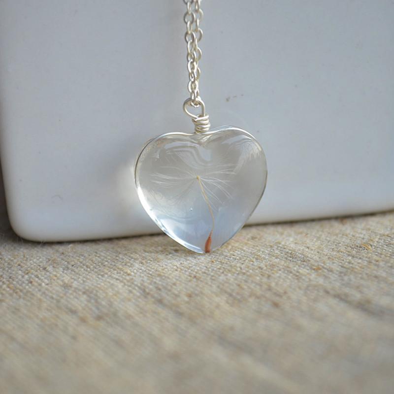 925 Sterling Silver Necklace Heart with Real Dandelion Seed