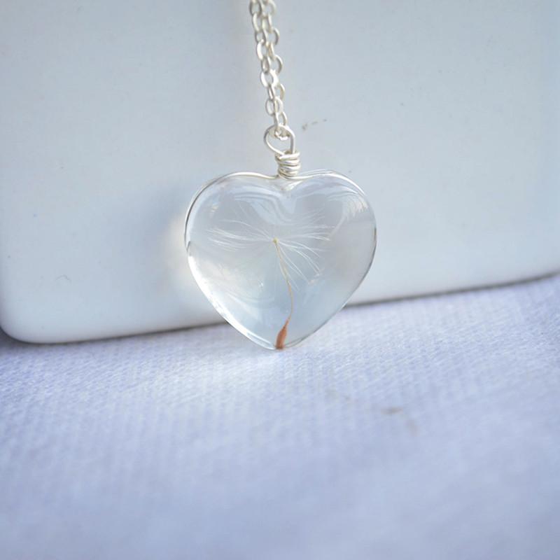 925 Sterling Silver Necklace Heart with Real Dandelion Seed