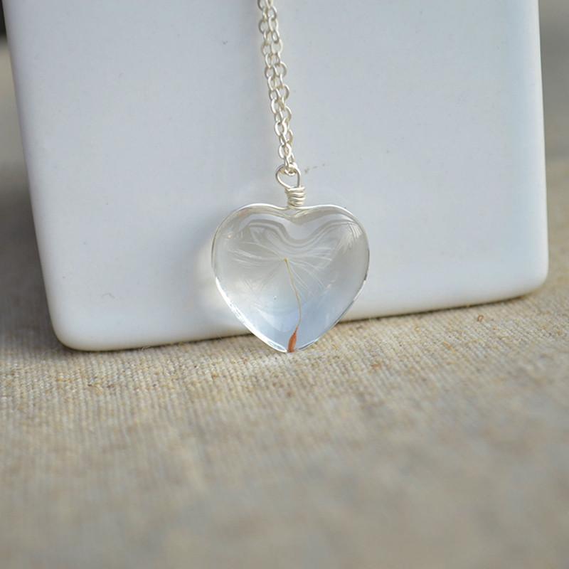 925 Sterling Silver Necklace Heart with Real Dandelion Seed