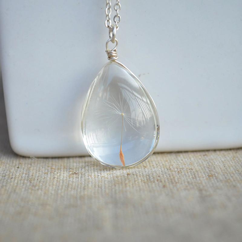 925 Sterling Silver Necklace Water Drop with Real Dandelion Seed