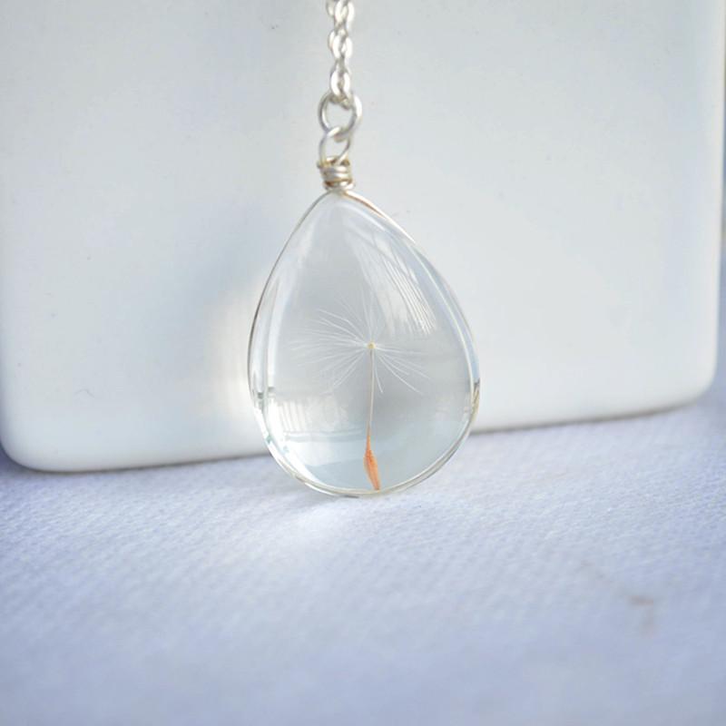 925 Sterling Silver Necklace Water Drop with Real Dandelion Seed