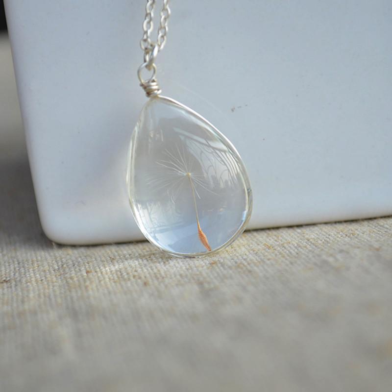 925 Sterling Silver Necklace Water Drop with Real Dandelion Seed