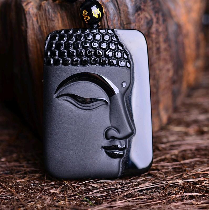 Modern Style HandCrafted Obsidian Buddha Head Pendant Necklace