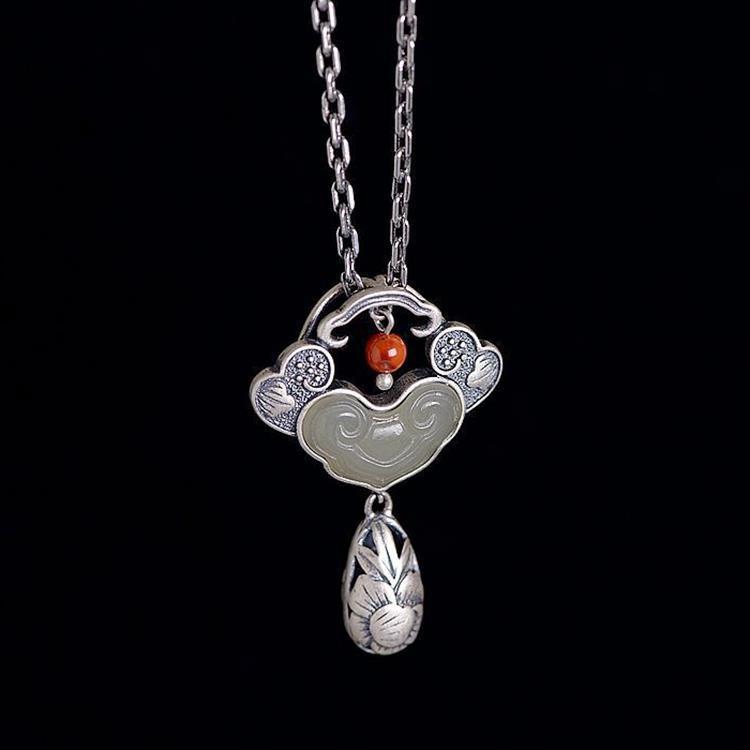 THAI SILVER Auspicious Hetian Jade Ruyi Lock Necklace