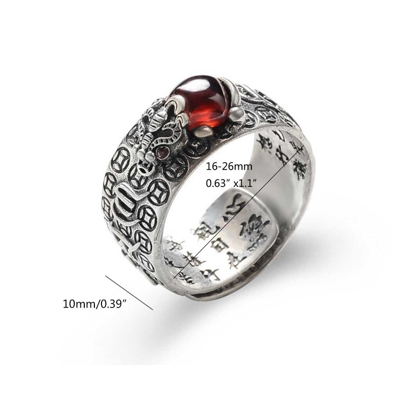 Natural  Garnet & 925 Sterling Silver LUCKY PIXIU OM Mantra Ring