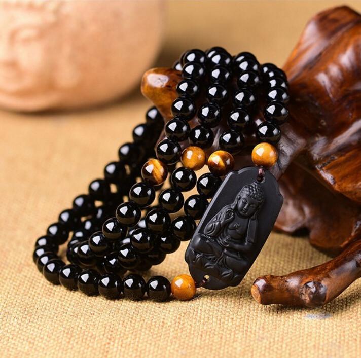 6MM Natural Black Obsidian Carved Buddha Lucky Amulet