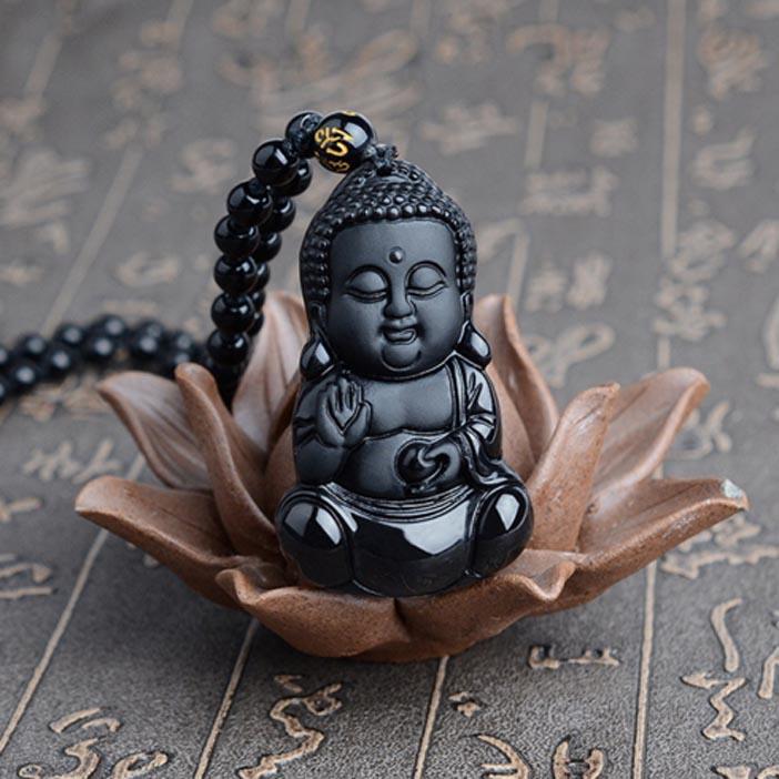 Natural Black Obsidian Carved Baby Buddha Pendant