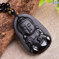 Thumbnail for Cute Buddha Natural Obsidian Pendant Necklace