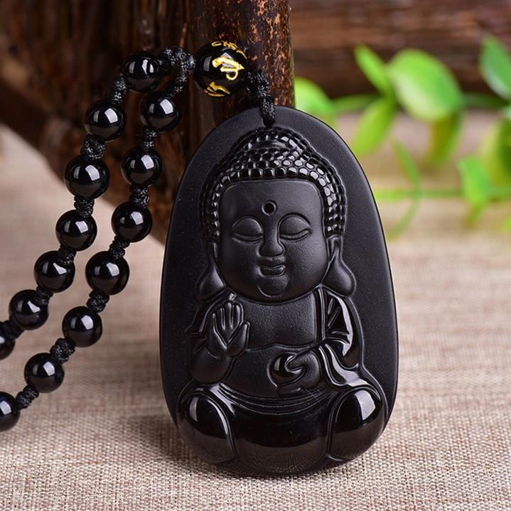 Cute Buddha Natural Obsidian Pendant Necklace