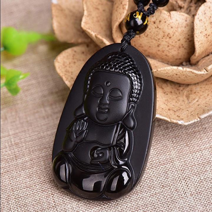 Cute Buddha Natural Obsidian Pendant Necklace