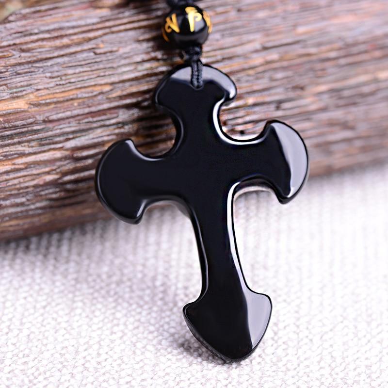 Obsidian Cross Pendant Necklace with Beads