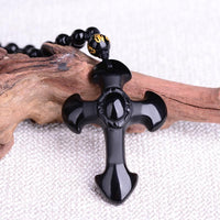 Thumbnail for Obsidian Cross Pendant Necklace with Beads