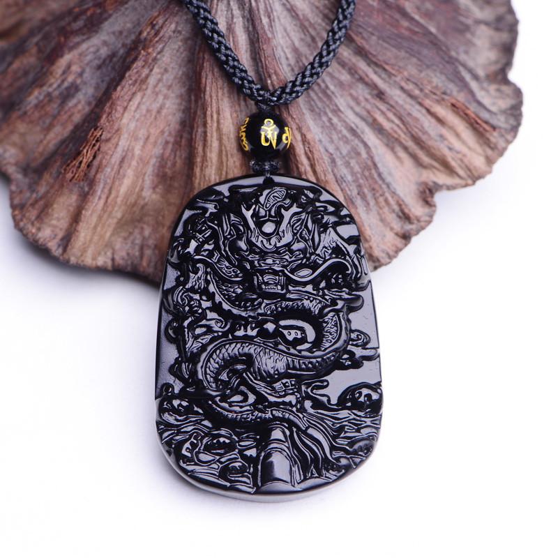 Natural Black Obsidian Dragon Amulet Pendant Necklace