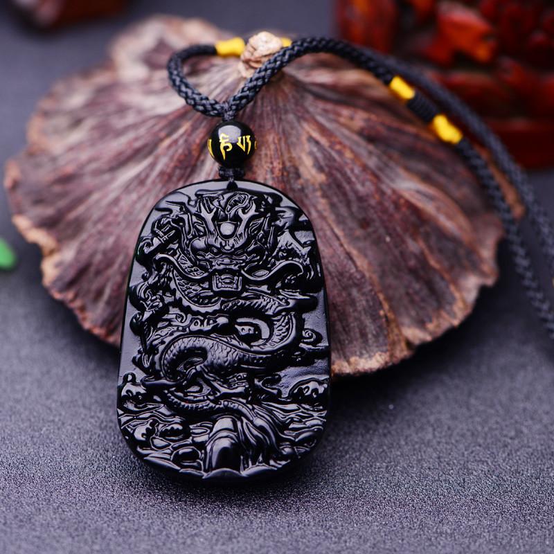 Natural Black Obsidian Dragon Amulet Pendant Necklace