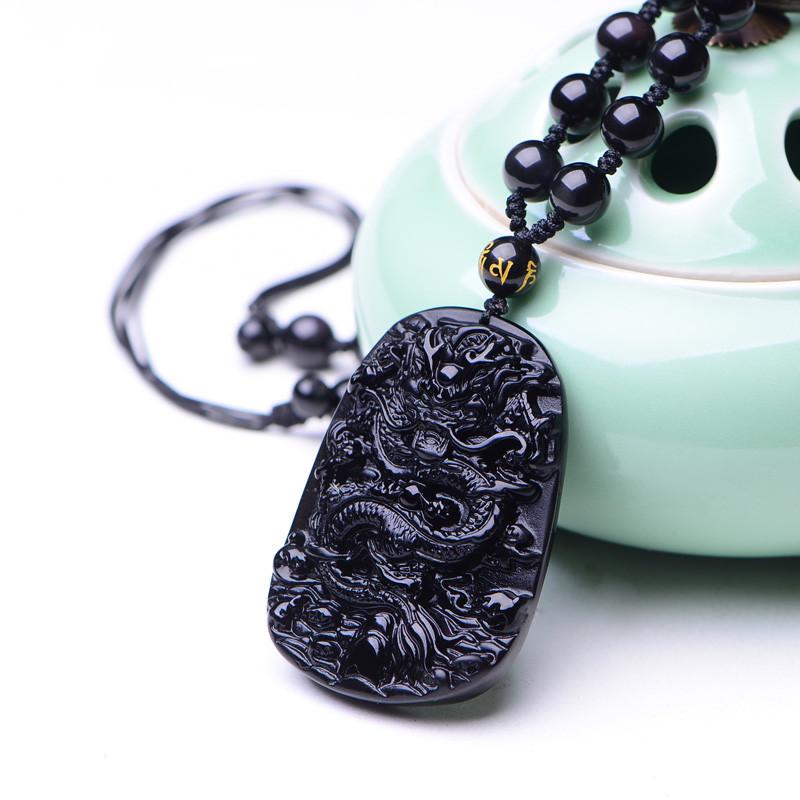 Natural Black Obsidian Dragon Amulet Pendant Necklace