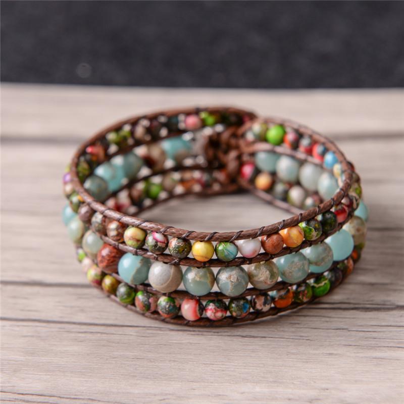 Boho Three Layer Jasper and Emperor Stone  Leather Wrap Bracelet