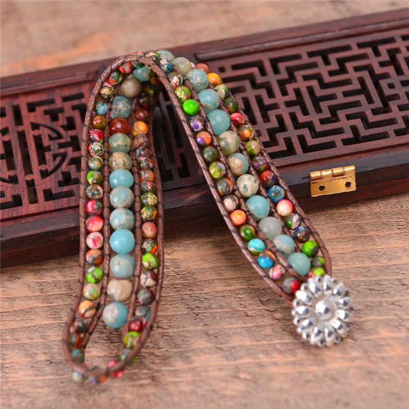 Boho Three Layer Jasper and Emperor Stone  Leather Wrap Bracelet