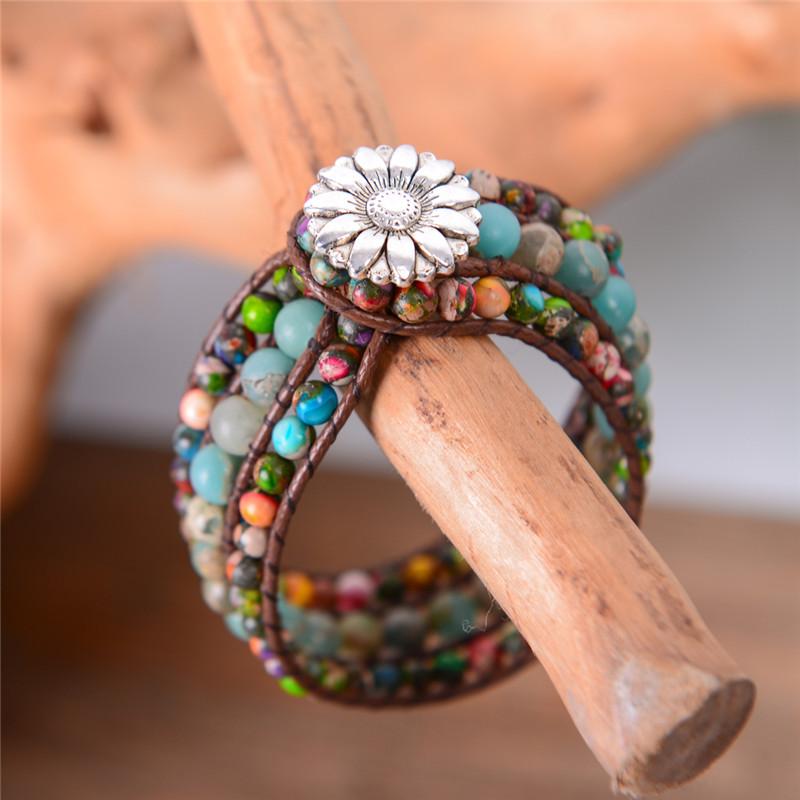 Boho Three Layer Jasper and Emperor Stone  Leather Wrap Bracelet