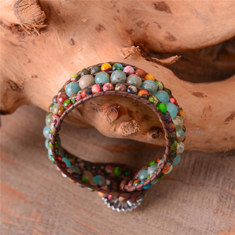 Boho Three Layer Jasper and Emperor Stone  Leather Wrap Bracelet