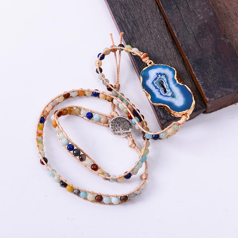 Natural Lapis and Agate Stone Leather Wrap Bracelet