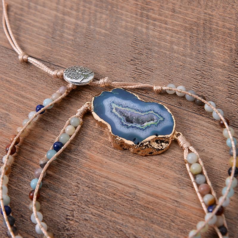 Natural Lapis and Agate Stone Leather Wrap Bracelet