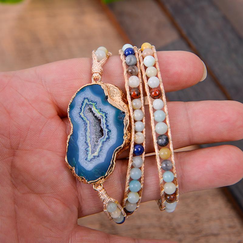 Natural Lapis and Agate Stone Leather Wrap Bracelet