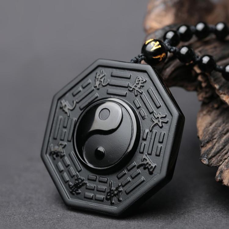 Natural  Black Obsidian Yin Yang Bagua Pendant